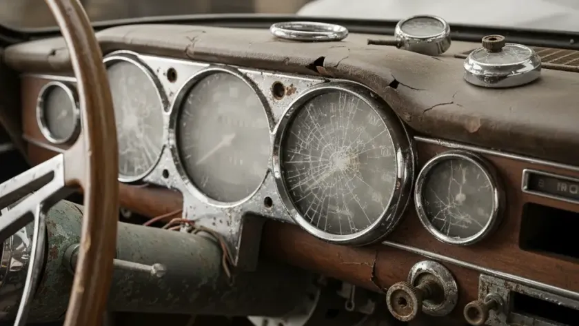 Classic Car Dashboard with Cloudy Gauges & Loose Trim